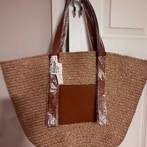 Vera Bradley Natural Straw Tote with Brown Trim